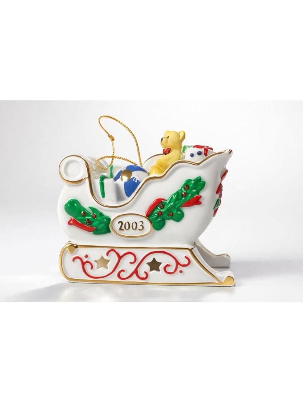 2003 Holiday Treasures Porcelain Sleigh Ornament with Teddy Bear and Gifts